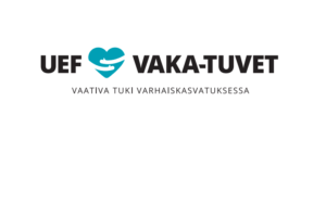 UEF sydän VAKA-TUVET -logo, sydän on turkoosi ja sen sisällä halaavat kädet. Alla lukee Vaativa tuki varhaiskasvatuksessa.