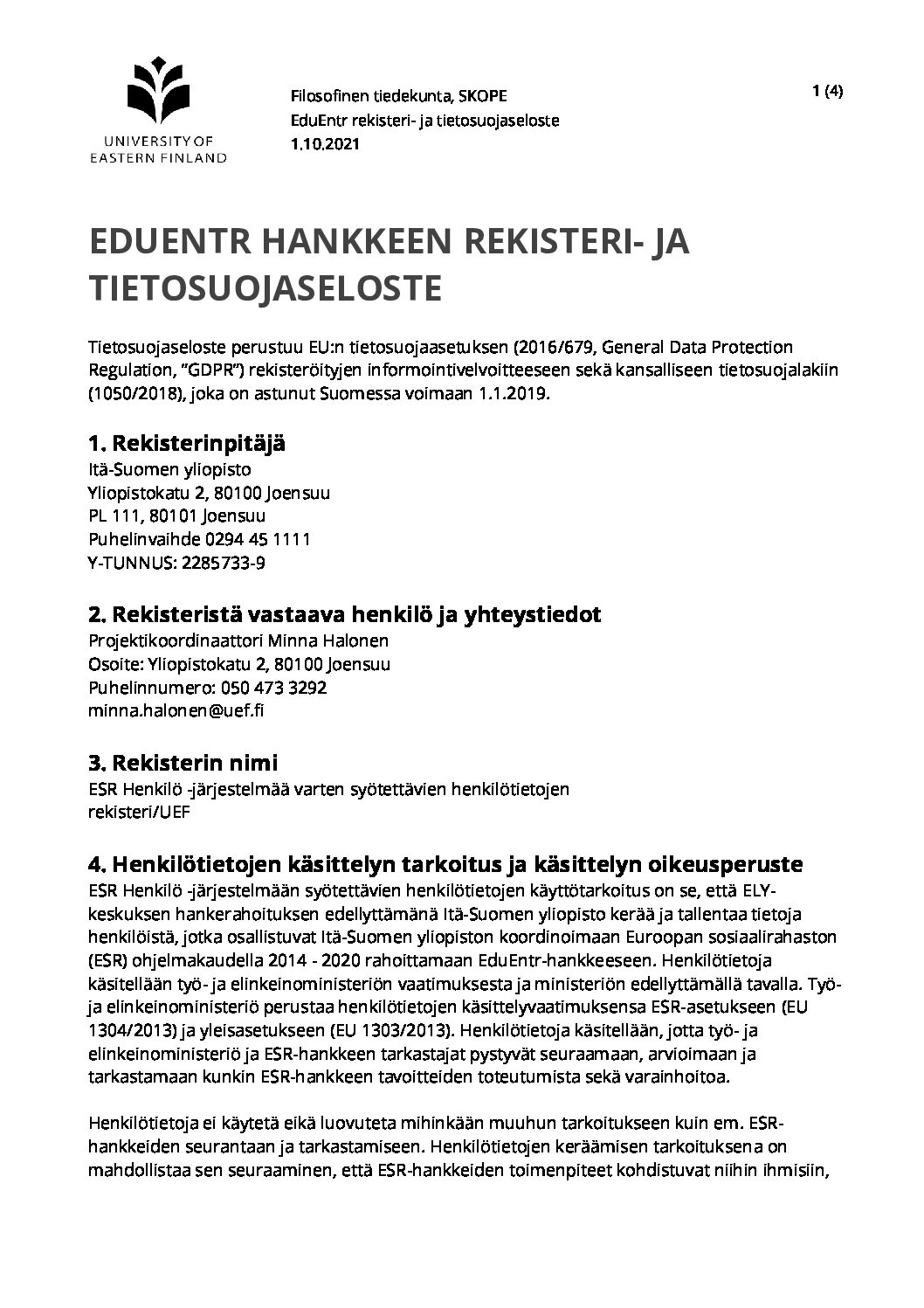 EduEntr-rekisteri-ja-tietosuojaseloste - UEFConnect