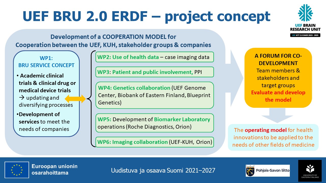 A diagram presenting the project's goal and work packages. The work packages are described in detail on the website. The goal is to create an operating model for health innovations that focuses on brain diseases as a model to be applied to similar projects in other disciplines along the axis of the University of Eastern Finland - KUH/ Wellbeing Services County of North Savo - stakeholders - companies.