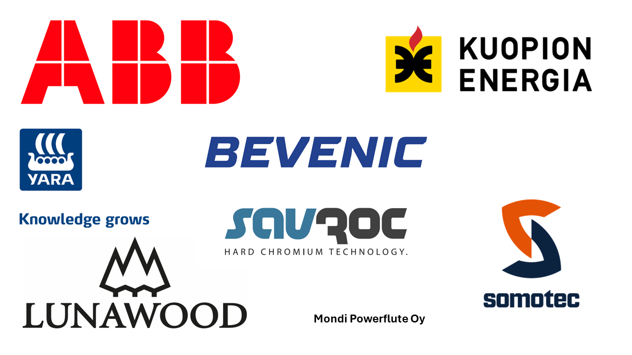 Vihreän siirtymän materiaaliratkaisut -hankkeen yritysrahoittajien logot ABB, Bevenic, Kuopion Energia, Lunawood, Savroc, Somotec ja Yara