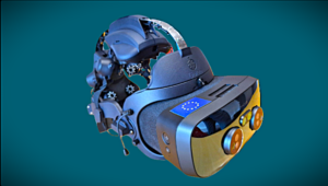 Kuvassa on Galean XR-kypärä. Kypärä koostuu aivosähköistä toimintaa mittaavasta kypäräosasta ja laajennetun todellisuuden XR-laseista.