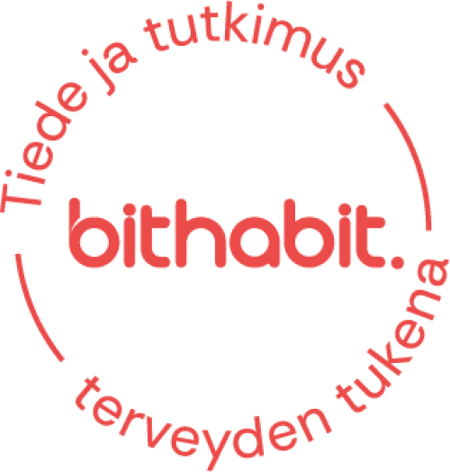 BitHabit sovelluksen oranssi logo, jossa on ympyrän muodossa teksti tiede ja tutkimus ja sovelluksen nimi ympyrän keskellä.