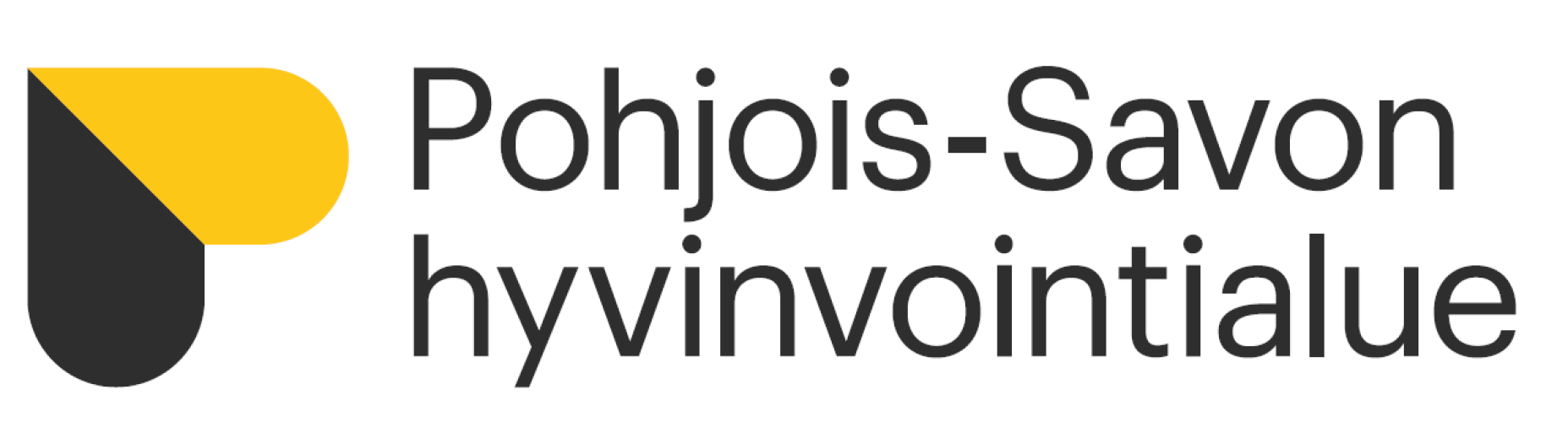 Pohjois-Savon hyvinvointialueen logo, jossa kelta-musta sydänkuvio ja hyvinvointialueen nimi mustalla.