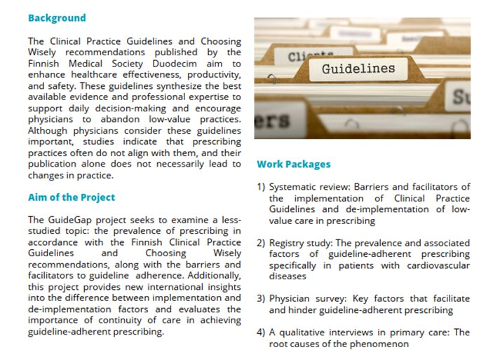 Esittelykuva ryhmästä GuideGap: Hoitosuositusten mukaiset lääkemääräyskäytännöt ja poikkeamia selittävät tekijät